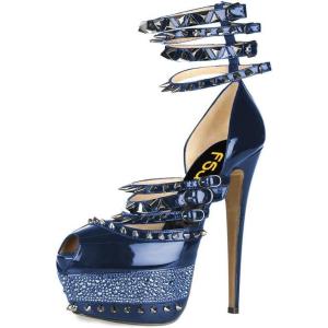 imageFSJ Women Sexy Studded Rivets Glossy Peep Toe Platform Sandals Stiletto Ultra High Heel Ankle Strap Party Prom Evening Dress Ladies Shoes Size 415 USBlue