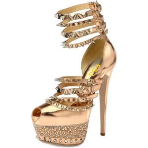 imageFSJ Women Sexy Studded Rivets Glossy Peep Toe Platform Sandals Stiletto Ultra High Heel Ankle Strap Party Prom Evening Dress Ladies Shoes Size 415 USGold