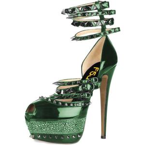 imageFSJ Women Sexy Studded Rivets Glossy Peep Toe Platform Sandals Stiletto Ultra High Heel Ankle Strap Party Prom Evening Dress Ladies Shoes Size 415 USGreen