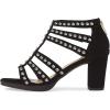 imageFSJ Women Chunky Mid High Heel Sandals Open Toe TStrap Pumps Cutout Dress Party Prom Office Strappy Shoes Elastic Back Zipper Size 415 USBlack Studded