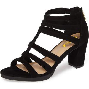 imageFSJ Women Chunky Mid High Heel Sandals Open Toe TStrap Pumps Cutout Dress Party Prom Office Strappy Shoes Elastic Back Zipper Size 415 USBlack