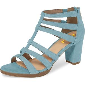 imageFSJ Women Chunky Mid High Heel Sandals Open Toe TStrap Pumps Cutout Dress Party Prom Office Strappy Shoes Elastic Back Zipper Size 415 USBlue