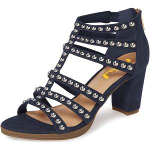 imageFSJ Women Chunky Mid High Heel Sandals Open Toe TStrap Pumps Cutout Dress Party Prom Office Strappy Shoes Elastic Back Zipper Size 415 USBlue Black