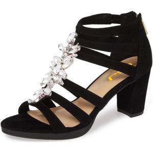 imageFSJ Women Chunky Mid High Heel Sandals Open Toe TStrap Pumps Cutout Dress Party Prom Office Strappy Shoes Elastic Back Zipper Size 415 USCustomize