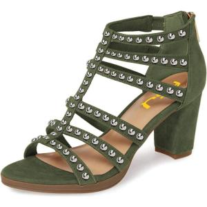 imageFSJ Women Chunky Mid High Heel Sandals Open Toe TStrap Pumps Cutout Dress Party Prom Office Strappy Shoes Elastic Back Zipper Size 415 USGreen Studded