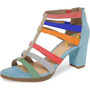 imageFSJ Women Chunky Mid High Heel Sandals Open Toe TStrap Pumps Cutout Dress Party Prom Office Strappy Shoes Elastic Back Zipper Size 415 USMulti Blue