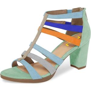 imageFSJ Women Chunky Mid High Heel Sandals Open Toe TStrap Pumps Cutout Dress Party Prom Office Strappy Shoes Elastic Back Zipper Size 415 USMulti Green