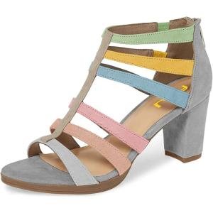 imageFSJ Women Chunky Mid High Heel Sandals Open Toe TStrap Pumps Cutout Dress Party Prom Office Strappy Shoes Elastic Back Zipper Size 415 USMulti Grey