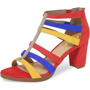imageFSJ Women Chunky Mid High Heel Sandals Open Toe TStrap Pumps Cutout Dress Party Prom Office Strappy Shoes Elastic Back Zipper Size 415 USMulti Orange