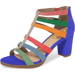 imageFSJ Women Chunky Mid High Heel Sandals Open Toe TStrap Pumps Cutout Dress Party Prom Office Strappy Shoes Elastic Back Zipper Size 415 USMulti Purple