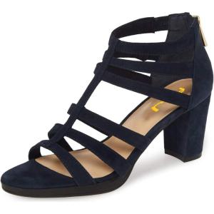 imageFSJ Women Chunky Mid High Heel Sandals Open Toe TStrap Pumps Cutout Dress Party Prom Office Strappy Shoes Elastic Back Zipper Size 415 USNavy