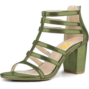 imageFSJ Women Chunky Mid High Heel Sandals Open Toe TStrap Pumps Cutout Dress Party Prom Office Strappy Shoes Elastic Back Zipper Size 415 USOlive Drab