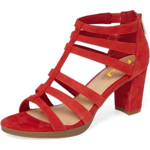 imageFSJ Women Chunky Mid High Heel Sandals Open Toe TStrap Pumps Cutout Dress Party Prom Office Strappy Shoes Elastic Back Zipper Size 415 USRed
