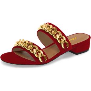 imageFSJ Women Comfortable Open Toe Sandals Mule Chunky Low Heel Strappy Casual Shoes Size 415 USMaroon Chain