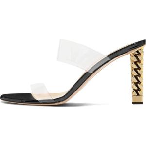 imageFSJ Women Double Strap Gold Metal Chain Heel Sandals Open Toe Clear PVC Slide Mules Slip On Backless Clogs Size 415 USBlack 2
