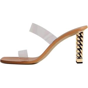 imageFSJ Women Double Strap Gold Metal Chain Heel Sandals Open Toe Clear PVC Slide Mules Slip On Backless Clogs Size 415 USNude