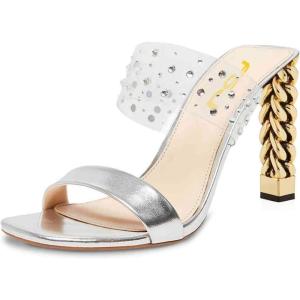 imageFSJ Women Double Strap Gold Metal Chain Heel Sandals Open Toe Clear PVC Slide Mules Slip On Backless Clogs Size 415 USSilver