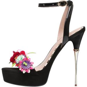 imageFSJ Women Sexy Strappy Open Toe Platform Sandals Ankle Strap High Stiletto Heel Metallic Dress Party Shoes Size 415 USBlack Flower
