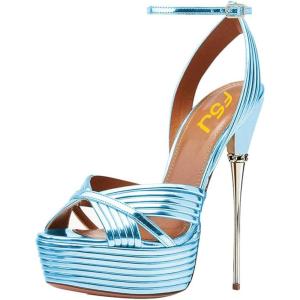 imageFSJ Women Sexy Strappy Open Toe Platform Sandals Ankle Strap High Stiletto Heel Metallic Dress Party Shoes Size 415 USBlue