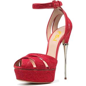 imageFSJ Women Sexy Strappy Open Toe Platform Sandals Ankle Strap High Stiletto Heel Metallic Dress Party Shoes Size 415 USCarved Red