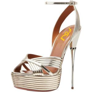 imageFSJ Women Sexy Strappy Open Toe Platform Sandals Ankle Strap High Stiletto Heel Metallic Dress Party Shoes Size 415 USGold Lines