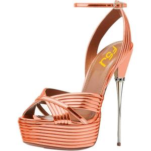 imageFSJ Women Sexy Strappy Open Toe Platform Sandals Ankle Strap High Stiletto Heel Metallic Dress Party Shoes Size 415 USOrange