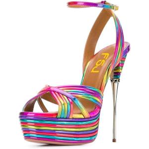 imageFSJ Women Sexy Strappy Open Toe Platform Sandals Ankle Strap High Stiletto Heel Metallic Dress Party Shoes Size 415 USRainbow