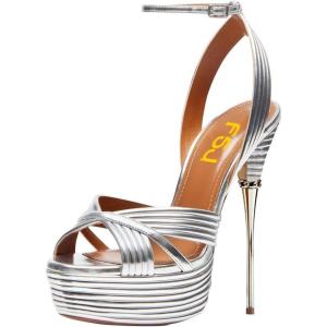 imageFSJ Women Sexy Strappy Open Toe Platform Sandals Ankle Strap High Stiletto Heel Metallic Dress Party Shoes Size 415 USSliver Lines