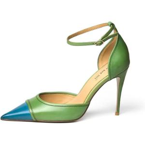 imageFSJ Womens DOrsay High Heel Stiletto Buckle Ankle Strap Sandals Closed Pointed Toe Pumps Genuine Leather Dress Shoes Comfort Sole HeelsBluegreen