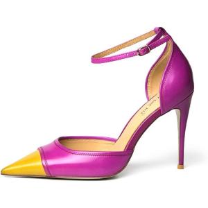 imageFSJ Womens DOrsay High Heel Stiletto Buckle Ankle Strap Sandals Closed Pointed Toe Pumps Genuine Leather Dress Shoes Comfort Sole HeelsYellowfushcia