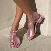 imageFSJ Women Low Block Chunky Heel Sandals Square Open Toe Ankle Strap Buckle Wide Width Bohemian Strappy Party Dress Pumps Size 415 USPink