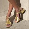 imageFSJ Women Low Block Chunky Heel Sandals Square Open Toe Ankle Strap Buckle Wide Width Bohemian Strappy Party Dress Pumps Size 415 USYellow