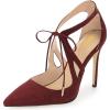 imageFSJ Women Fashion Pointed Toe Stiletto High Heel Strappy Cutout Dress Sandals Lace up Bowknots Suede Party Pumps Shoes Size 415 USWine