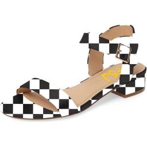 imageFSJ Women Casual Open Toe Block Low Heel Ankle Strap Sandals Comfort Summer Shoes Size 415 USBlack  White Tartan Plaid