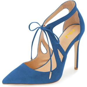 imageFSJ Women Fashion Pointed Toe Stiletto High Heel Strappy Cutout Dress Sandals Lace up Bowknots Suede Party Pumps Shoes Size 415 USBlue