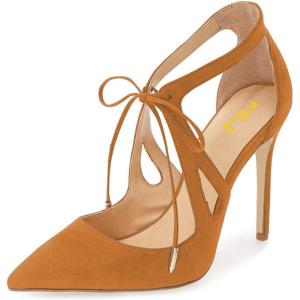 imageFSJ Women Fashion Pointed Toe Stiletto High Heel Strappy Cutout Dress Sandals Lace up Bowknots Suede Party Pumps Shoes Size 415 USGoldenrod