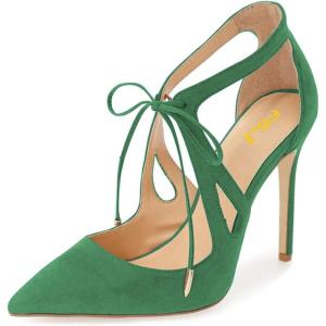 imageFSJ Women Fashion Pointed Toe Stiletto High Heel Strappy Cutout Dress Sandals Lace up Bowknots Suede Party Pumps Shoes Size 415 USGreen