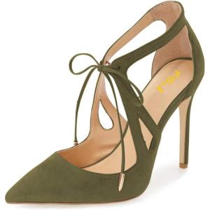 imageFSJ Women Fashion Pointed Toe Stiletto High Heel Strappy Cutout Dress Sandals Lace up Bowknots Suede Party Pumps Shoes Size 415 USOlive