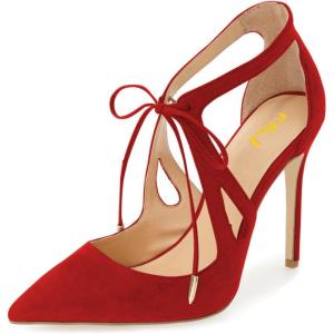 imageFSJ Women Fashion Pointed Toe Stiletto High Heel Strappy Cutout Dress Sandals Lace up Bowknots Suede Party Pumps Shoes Size 415 USRed