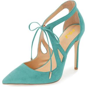 imageFSJ Women Fashion Pointed Toe Stiletto High Heel Strappy Cutout Dress Sandals Lace up Bowknots Suede Party Pumps Shoes Size 415 USTurquoise