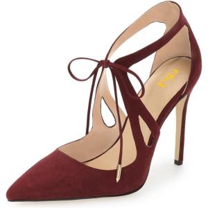 imageFSJ Women Fashion Pointed Toe Stiletto High Heel Strappy Cutout Dress Sandals Lace up Bowknots Suede Party Pumps Shoes Size 415 USWine