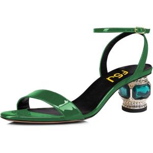 imageFSJ Women Gorgeous Crystal Low Block Heel Open Toe Ankle Strap Sandals Comfort Wedding Office Party Dress Shoes Size 415 USGreen