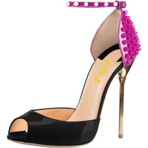 imageFSJ Women Spikes Rivets Peep Toe Sandals Stiletto High Heels Ankle Strap Studded DOrsay Pumps ShoesBlackfuchsia