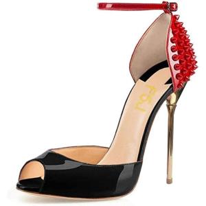 imageFSJ Women Spikes Rivets Peep Toe Sandals Stiletto High Heels Ankle Strap Studded DOrsay Pumps ShoesBlackred