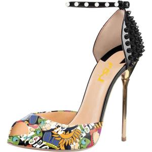 imageFSJ Women Spikes Rivets Peep Toe Sandals Stiletto High Heels Ankle Strap Studded DOrsay Pumps ShoesCartoonblack