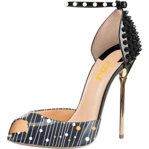 imageFSJ Women Spikes Rivets Peep Toe Sandals Stiletto High Heels Ankle Strap Studded DOrsay Pumps ShoesLinesblack