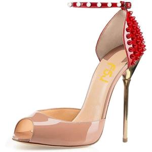 imageFSJ Women Spikes Rivets Peep Toe Sandals Stiletto High Heels Ankle Strap Studded DOrsay Pumps ShoesNudered