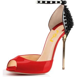 imageFSJ Women Spikes Rivets Peep Toe Sandals Stiletto High Heels Ankle Strap Studded DOrsay Pumps ShoesRedblack