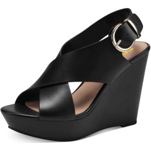 imageFSJ Women Wedge Platform Sandal Cross Strap Open Peep Toe Ankle Buckle Summer Casual Holiday Dress Shoes Size 416 USBlack