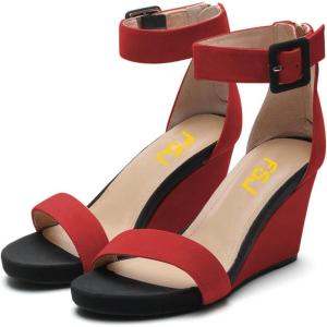 imageFSJ Womens Wedge Sandals Low Platform Ankle Strap Open Toe Sandal Summer Casual Dress Classic Wedge Heeled Sandals Party Shoes Size 415 USRed Black